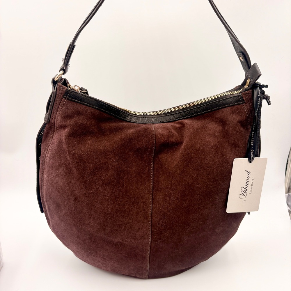Ashwood Luxury Leather Brown Suede Hobo Shoulder Bag Studded Trim NWT